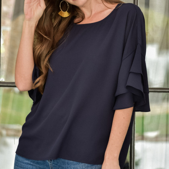 Veronica M Tops - Veronica M Navy Blue Short Sleeve Ruffle Top NWOT